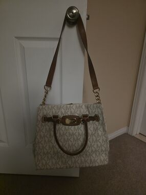 Michael Kors Beige/Acorn MK Logo Satchel with Gold Hardware